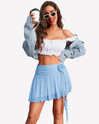 Y2K Mesh Mini Skirt 3D Flower Asymmetric Hem Flowy Skirt