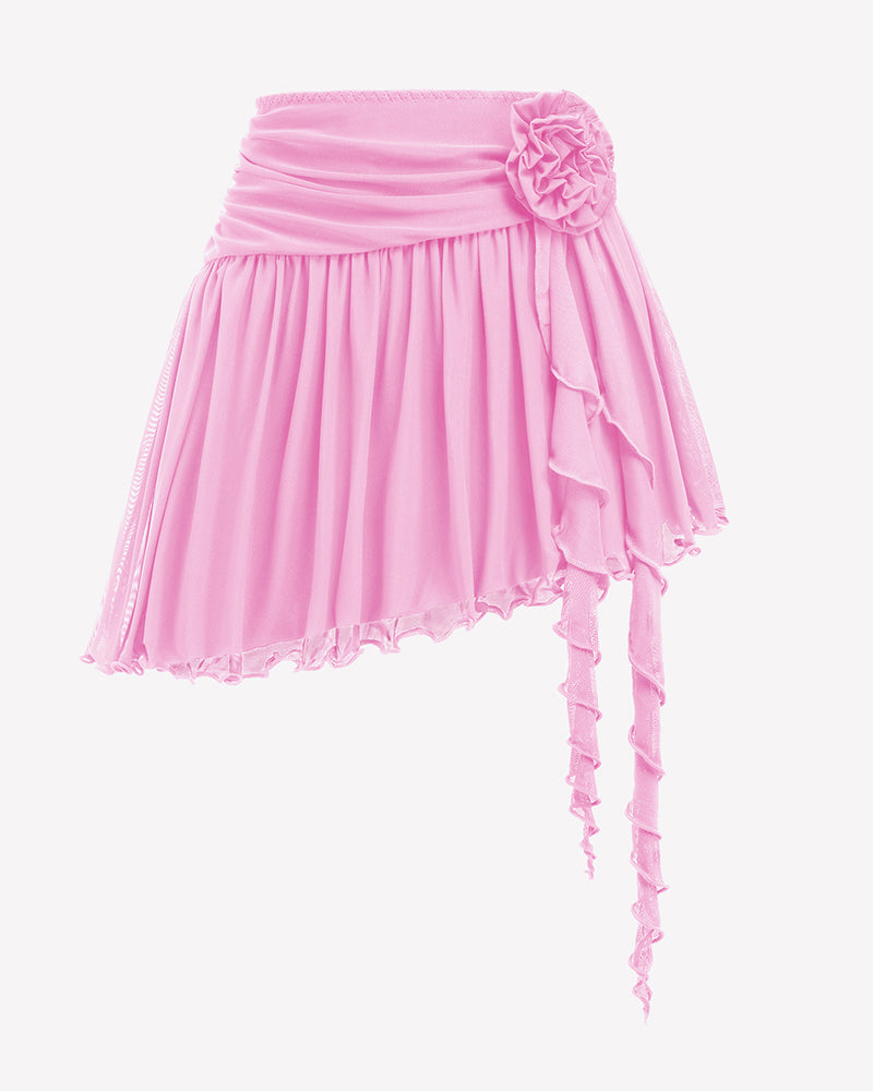 Y2K Mesh Mini Skirt 3D Flower Asymmetric Hem Flowy Skirt