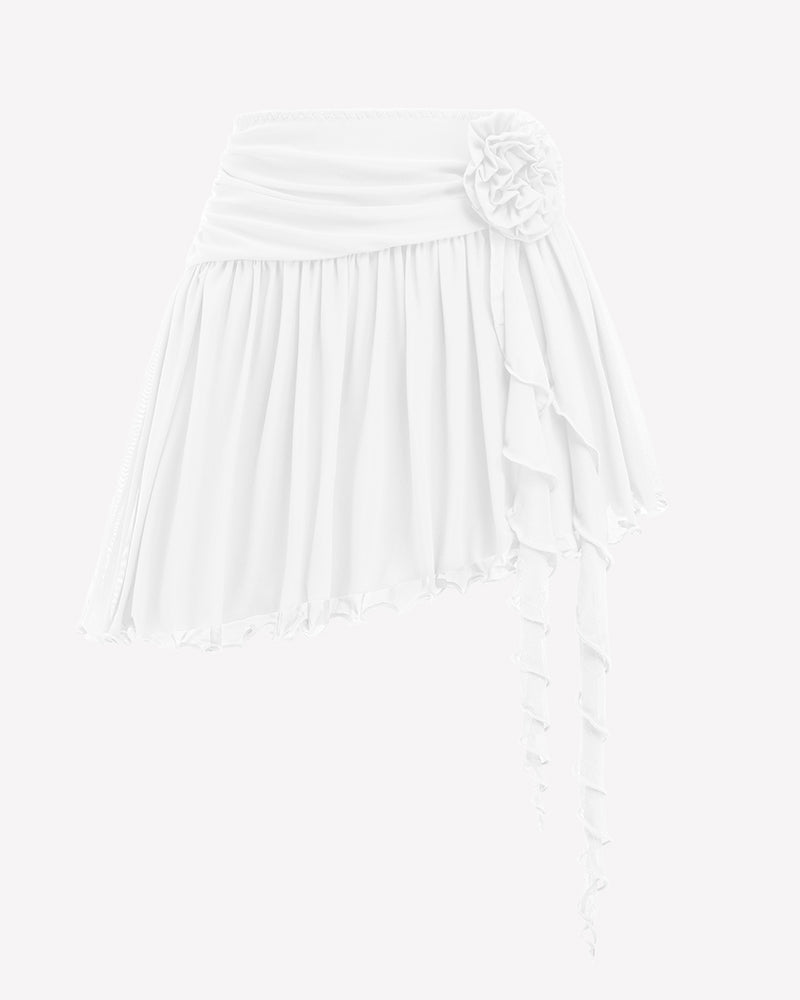 Y2K Mesh Mini Skirt 3D Flower Asymmetric Hem Flowy Skirt