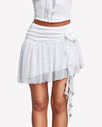 Y2K Mesh Mini Skirt 3D Flower Asymmetric Hem Flowy Skirt