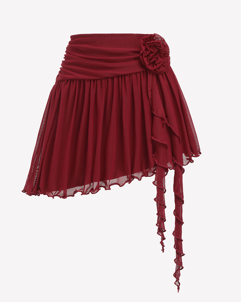 Y2K Mesh Mini Skirt 3D Flower Asymmetric Hem Flowy Skirt