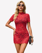 Sheer Lace Mini Dress See Through Bodycon Lingerie Dress