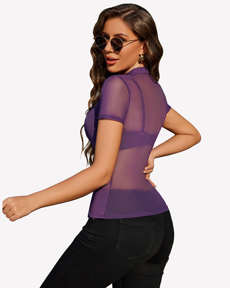 Sheer Mesh Top Short Sleeve See Through Blouse