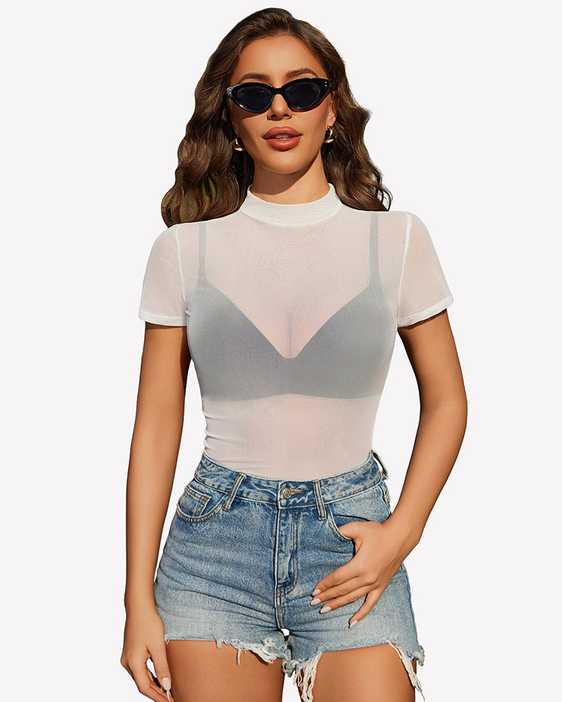 Sheer Mesh Top Short Sleeve See Through Blouse