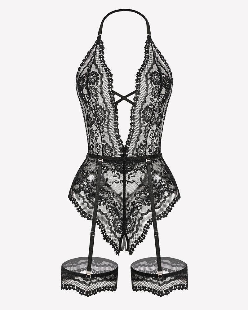 Deep V Lace Teddy Bodysuit Cut Out Garter Lingerie Set