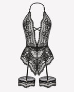 Deep V Lace Teddy Bodysuit Cut Out Garter Lingerie Set