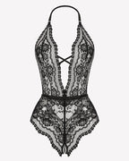 Deep V Lace Teddy Bodysuit Cut Out Garter Lingerie Set