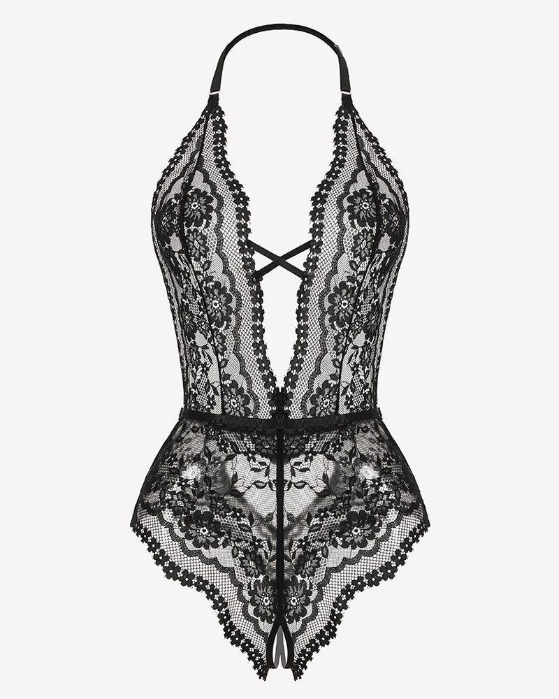 Deep V Lace Teddy Bodysuit Cut Out Garter Lingerie Set
