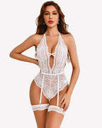 Deep V Lace Teddy Bodysuit Cut Out Garter Lingerie Set