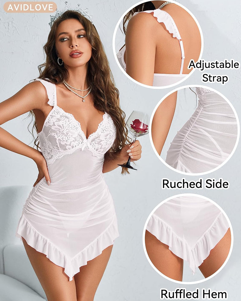 Lace Ruched Mesh Lingerie Dress with Thong