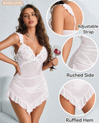Lace Ruched Mesh Lingerie Dress with Thong