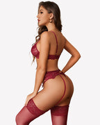 Lace Garter Belt Bra Panty 3-Piece Lingerie Set