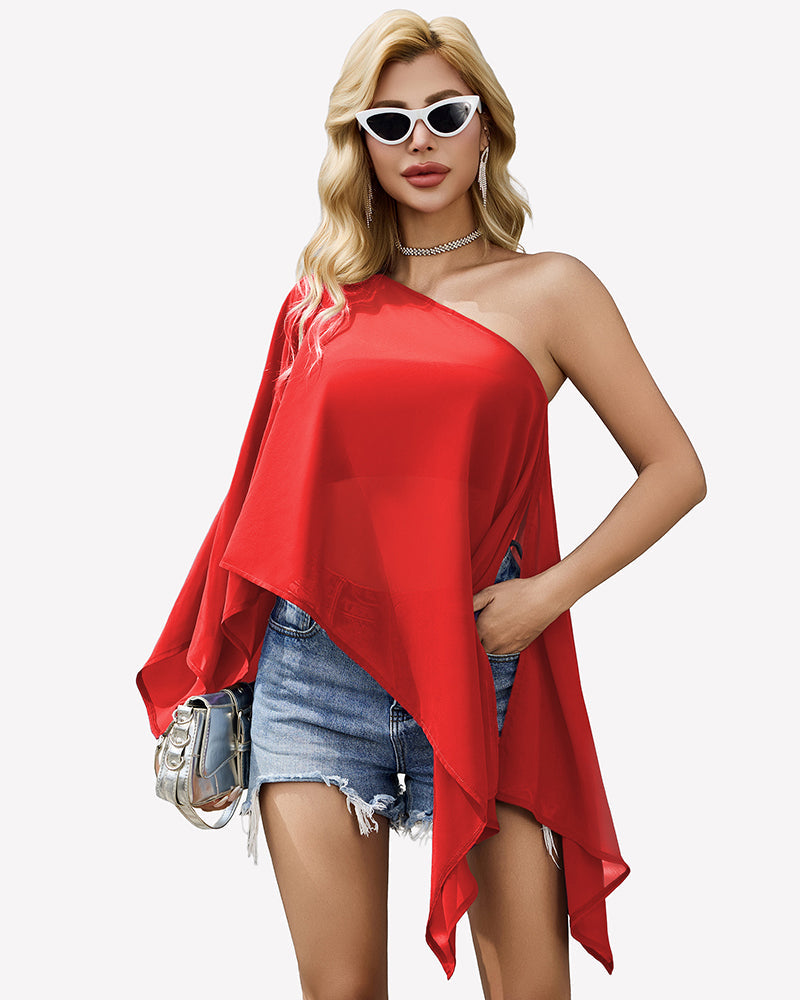 Off Shoulder Chiffon Blouse Batwing Sleeve Flowy Going Out Top