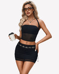 2-Piece Skirt Set - Halter Mesh Crop Top & Bodycon Mini Skirt