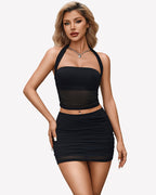 2-Piece Skirt Set - Halter Mesh Crop Top & Bodycon Mini Skirt