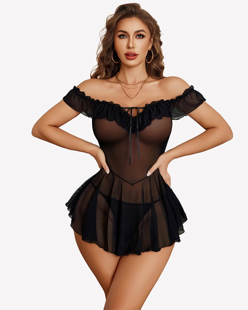 Sheer Mesh Chemise Ruffle V Neck Boudoir Sleepwear