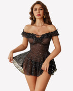 Sheer Mesh Chemise Ruffle V Neck Boudoir Sleepwear