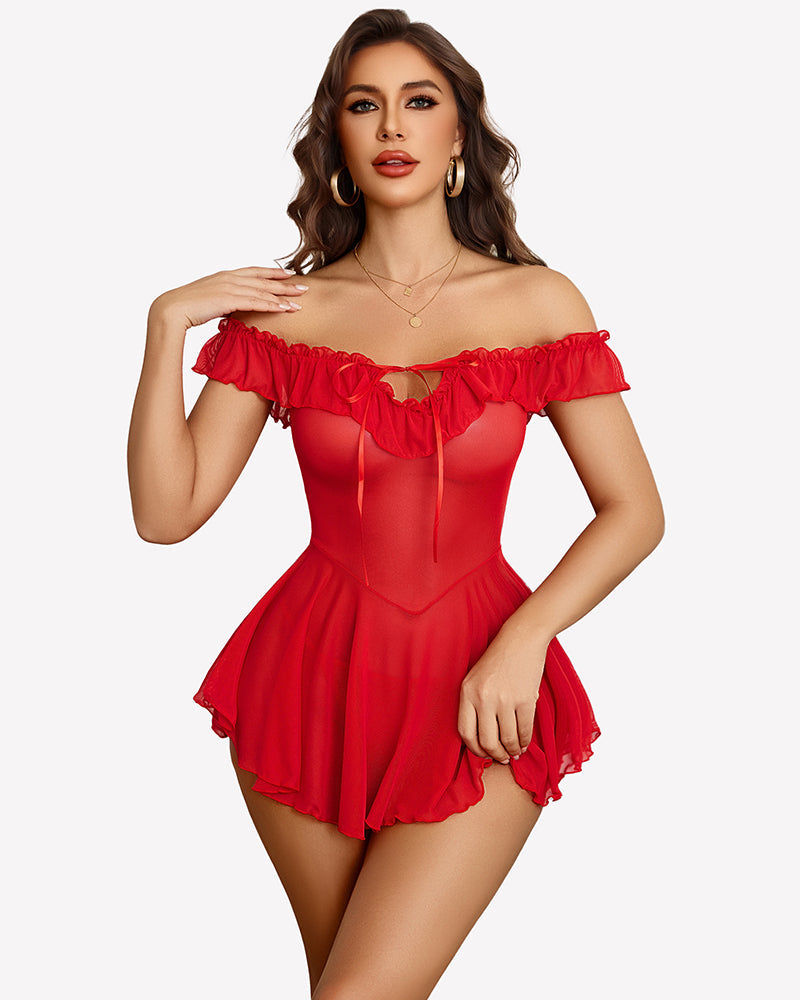 Sheer Mesh Chemise Ruffle V Neck Boudoir Sleepwear