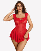 Sheer Mesh Chemise Ruffle V Neck Boudoir Sleepwear