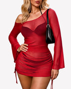 Off Shoulder Sheer Mesh Bodycon Dress Long Sleeve Cover Up