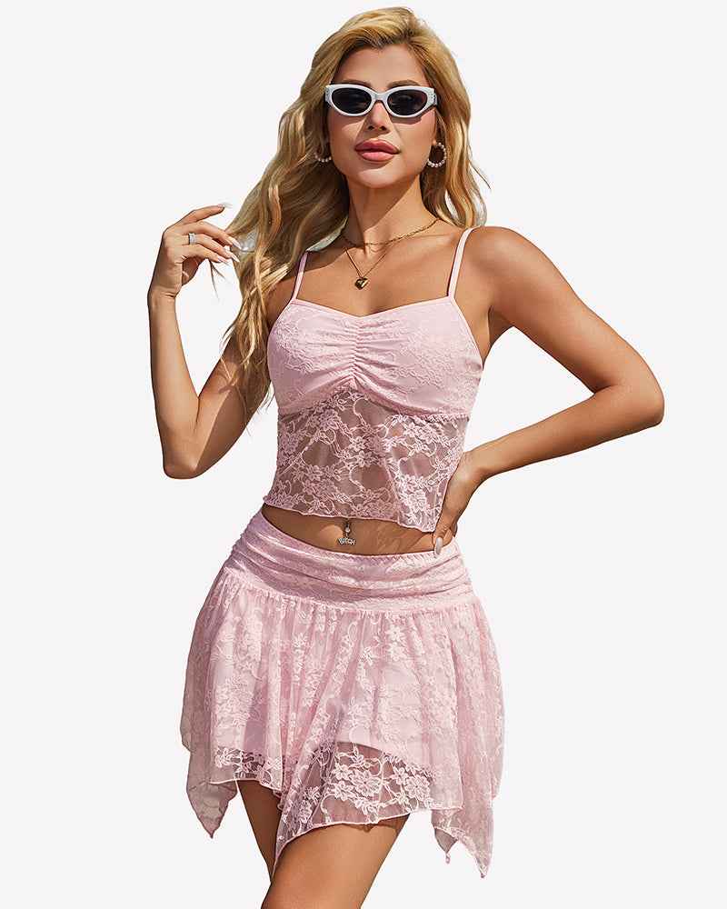 Lace Crop Top Mini Skirt 2-Piece Set