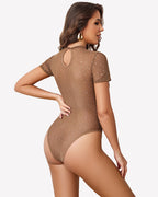 Mock Neck Sheer Mesh Rhinestone Bodysuit