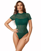 Mock Neck Sheer Mesh Rhinestone Bodysuit