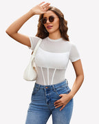 Mock Neck Sheer Mesh Rhinestone Bodysuit
