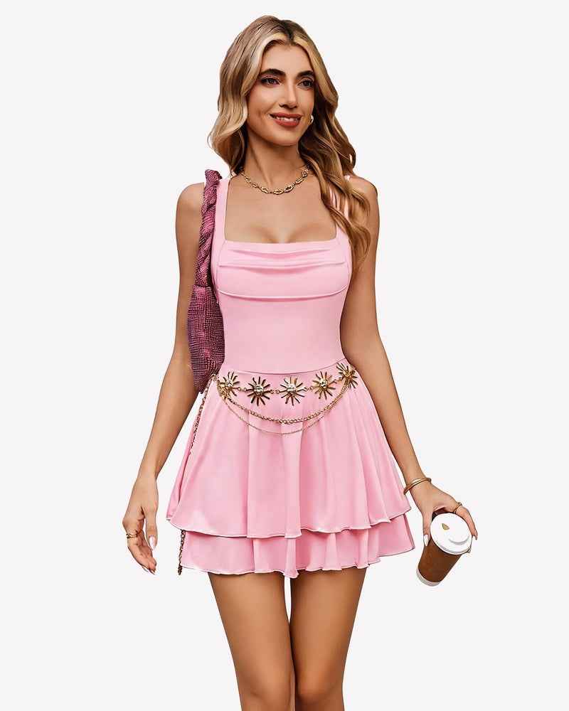 Square Neck Ruched Bust Mini Dress Sleeveless Double Layer Dresses