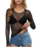 Sheer Mesh Long Sleeve Top See Through Crew Neck Slim Fit Clubwear