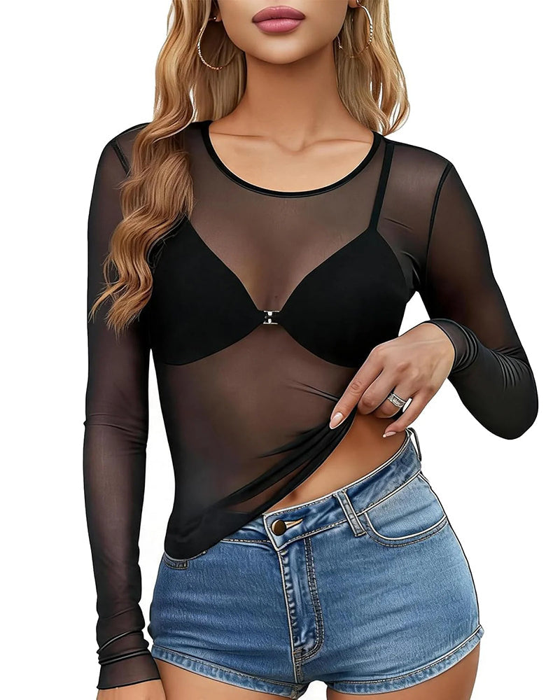 Sheer Mesh Long Sleeve Top See Through Crew Neck Slim Fit Clubwear