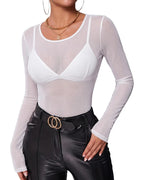 Sheer Mesh Long Sleeve Top See Through Crew Neck Slim Fit Clubwear