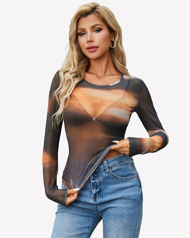 Sheer Mesh Long Sleeve Top See Through Crew Neck Slim Fit Clubwear