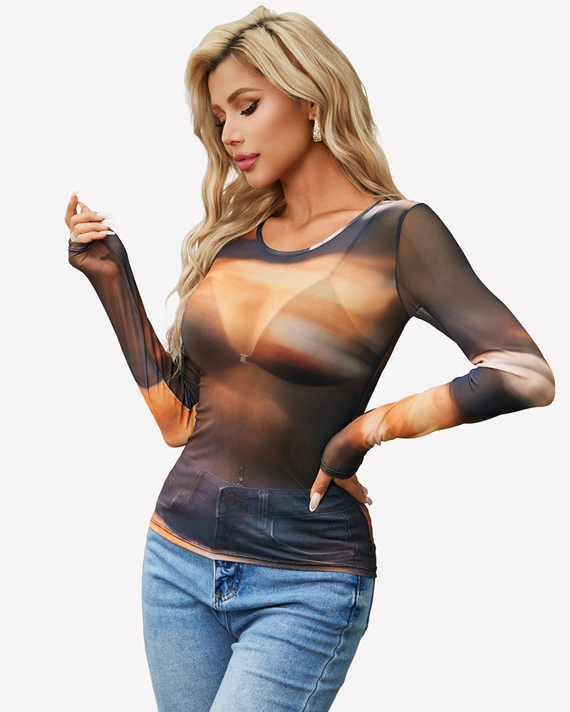 Sheer Mesh Long Sleeve Top See Through Crew Neck Slim Fit Clubwear