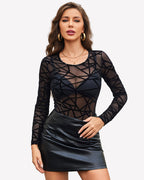 Sheer Mesh Long Sleeve Top See Through Crew Neck Slim Fit Clubwear