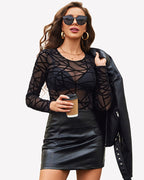 Sheer Mesh Long Sleeve Top See Through Crew Neck Slim Fit Clubwear