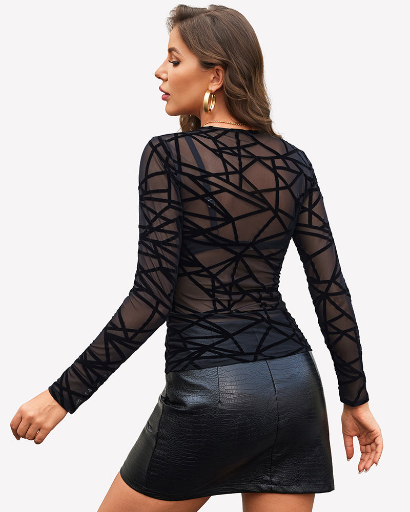 Sheer Mesh Long Sleeve Top See Through Crew Neck Slim Fit Clubwear