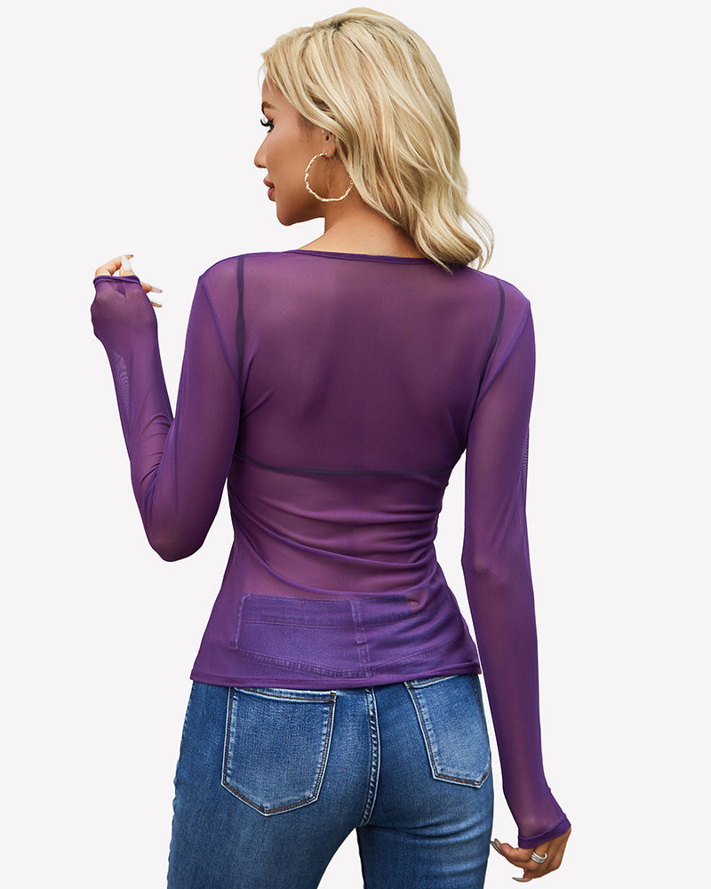 Sheer Mesh Long Sleeve Top See Through Crew Neck Slim Fit Clubwear