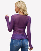 Sheer Mesh Long Sleeve Top See Through Crew Neck Slim Fit Clubwear