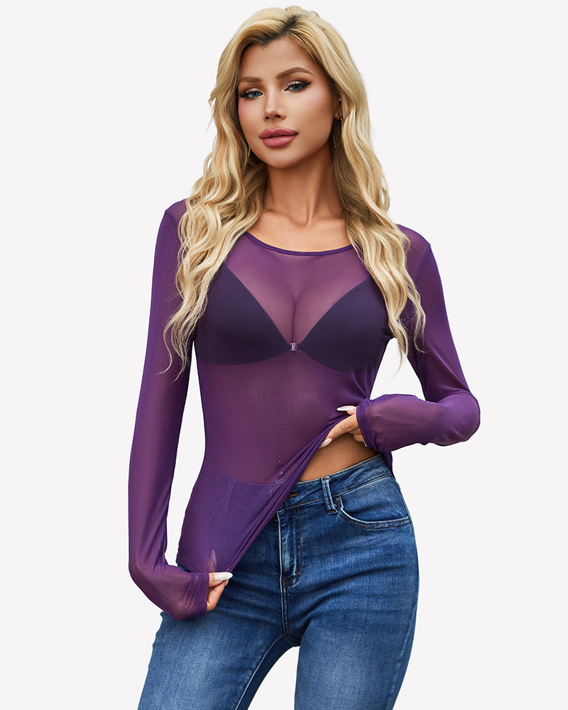 Sheer Mesh Long Sleeve Top See Through Crew Neck Slim Fit Clubwear
