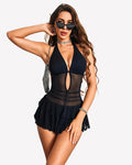 Halter Mini Dress Deep V Neck Ruffle Hem with Built-In Shorts