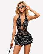 Halter Mini Dress Deep V Neck Ruffle Hem with Built-In Shorts