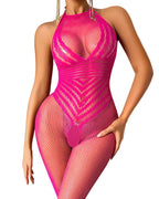 Fishnet Bodystocking - Sheer Mesh Halter Bodysuit, One Size Fits All