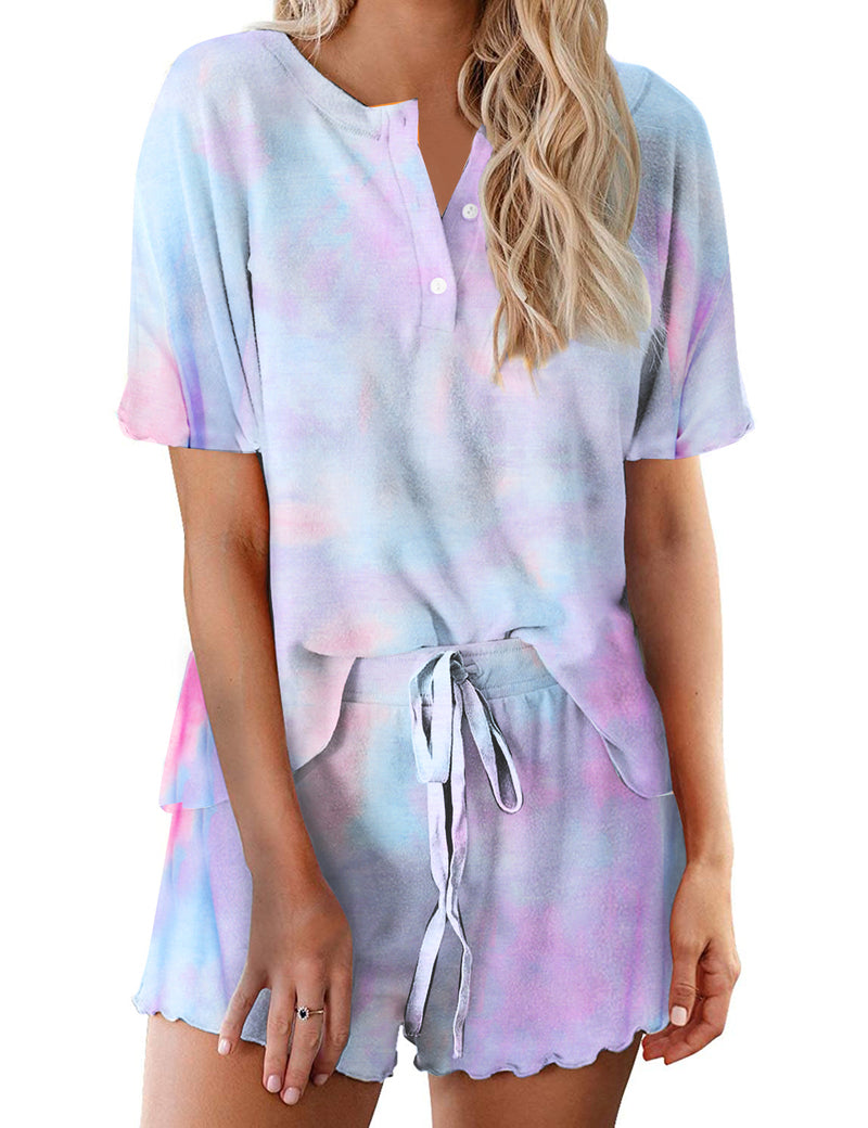 Ekouaer Tie Dye Pajamas Set for Women Short Sleeve Lounge Set