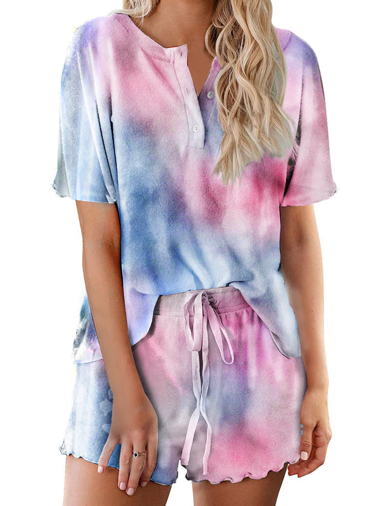 Ekouaer Tie Dye Pajamas Set for Women Short Sleeve Lounge Set