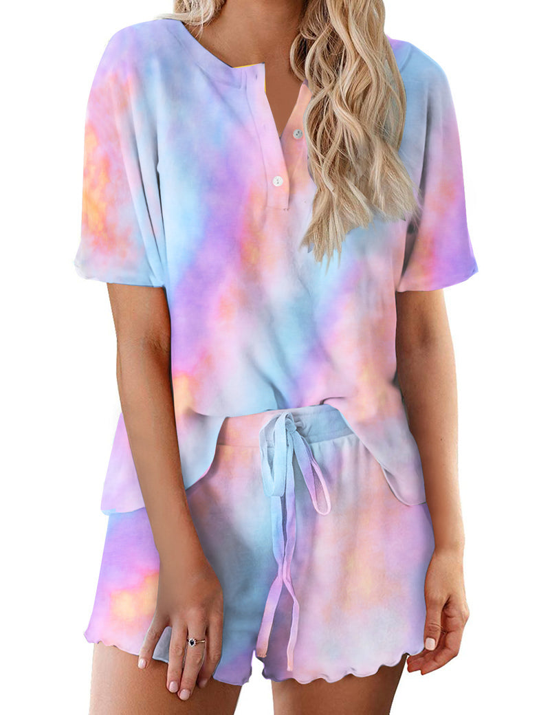 Ekouaer Tie Dye Pajamas Set for Women Short Sleeve Lounge Set