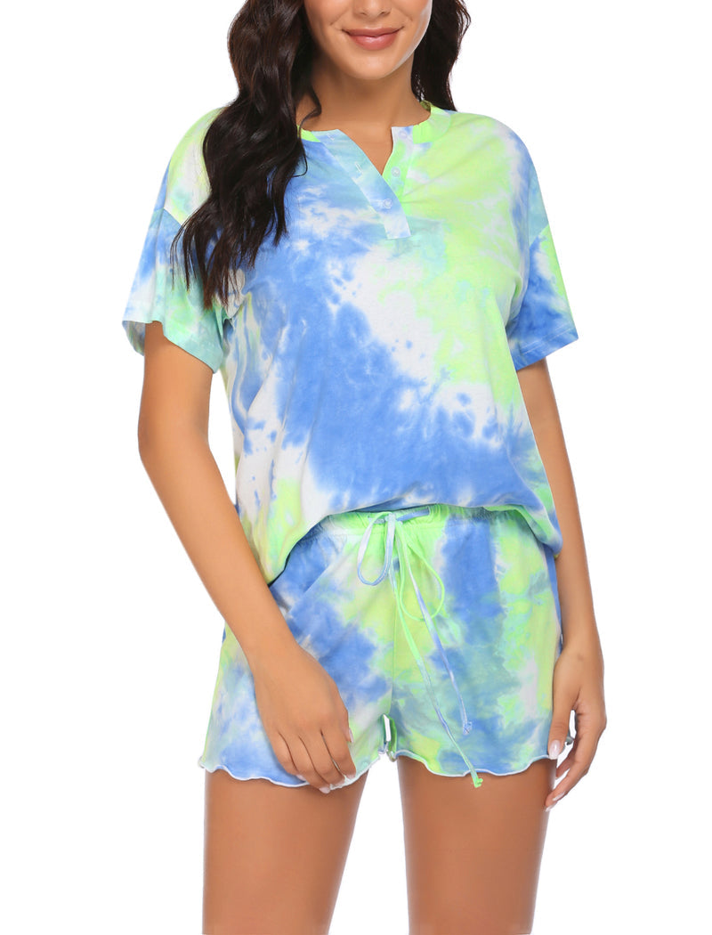 Ekouaer Tie Dye Pajamas Set for Women Short Sleeve Lounge Set