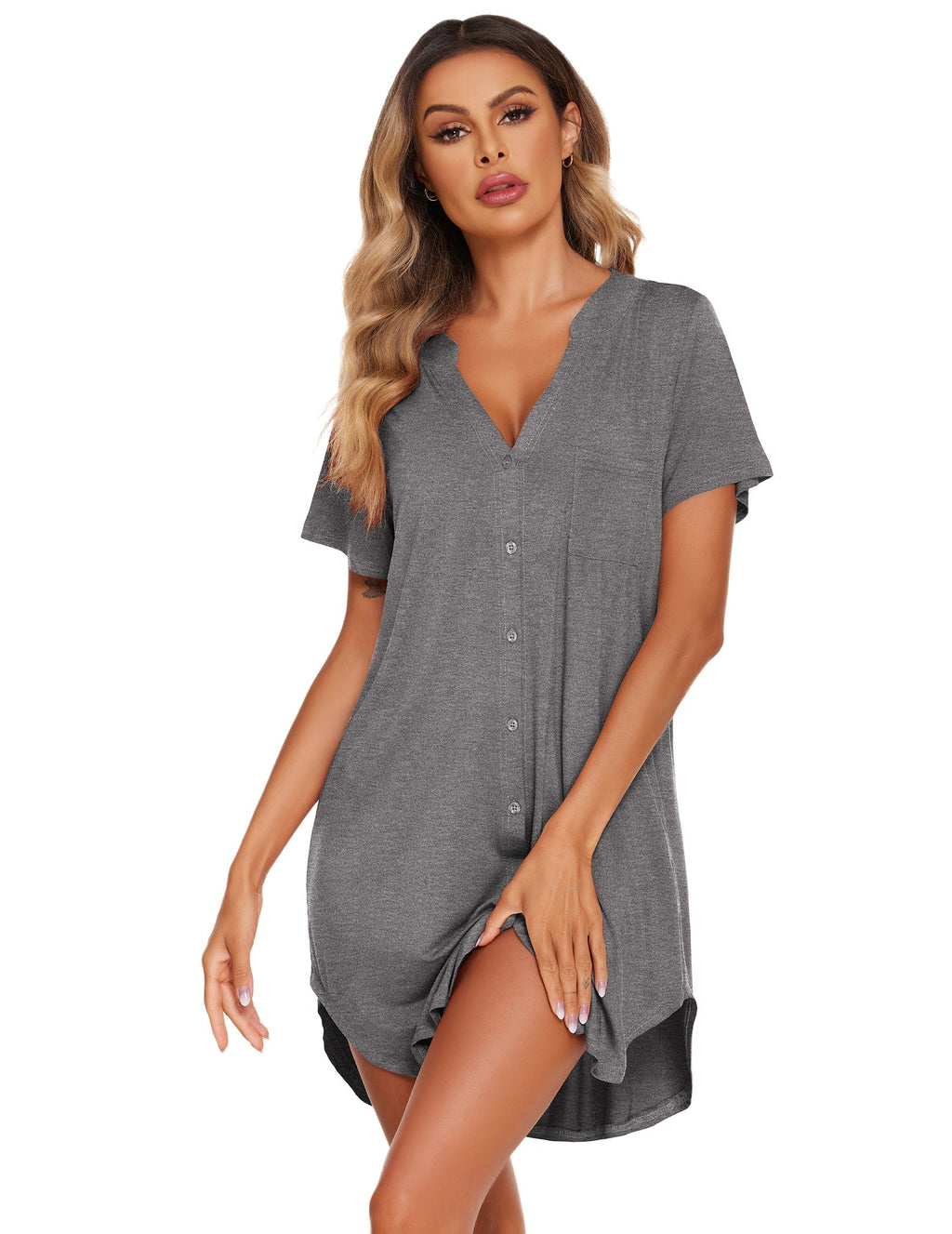 Ekouaer Teddy Nightgown V Neck Sleepwear (US Only)