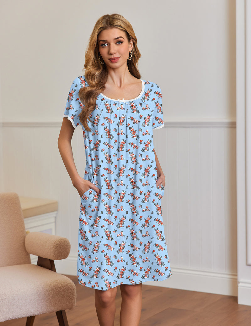 Ekouaer Short Sleeve House Dresses with Pockets Pleated Mumu Dress