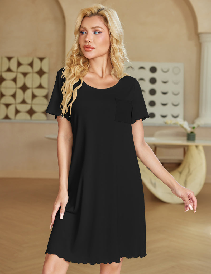 Ekouaer Bamboo Viscose Soft Nightgowns Short Sleeve Ruffled with Pocket